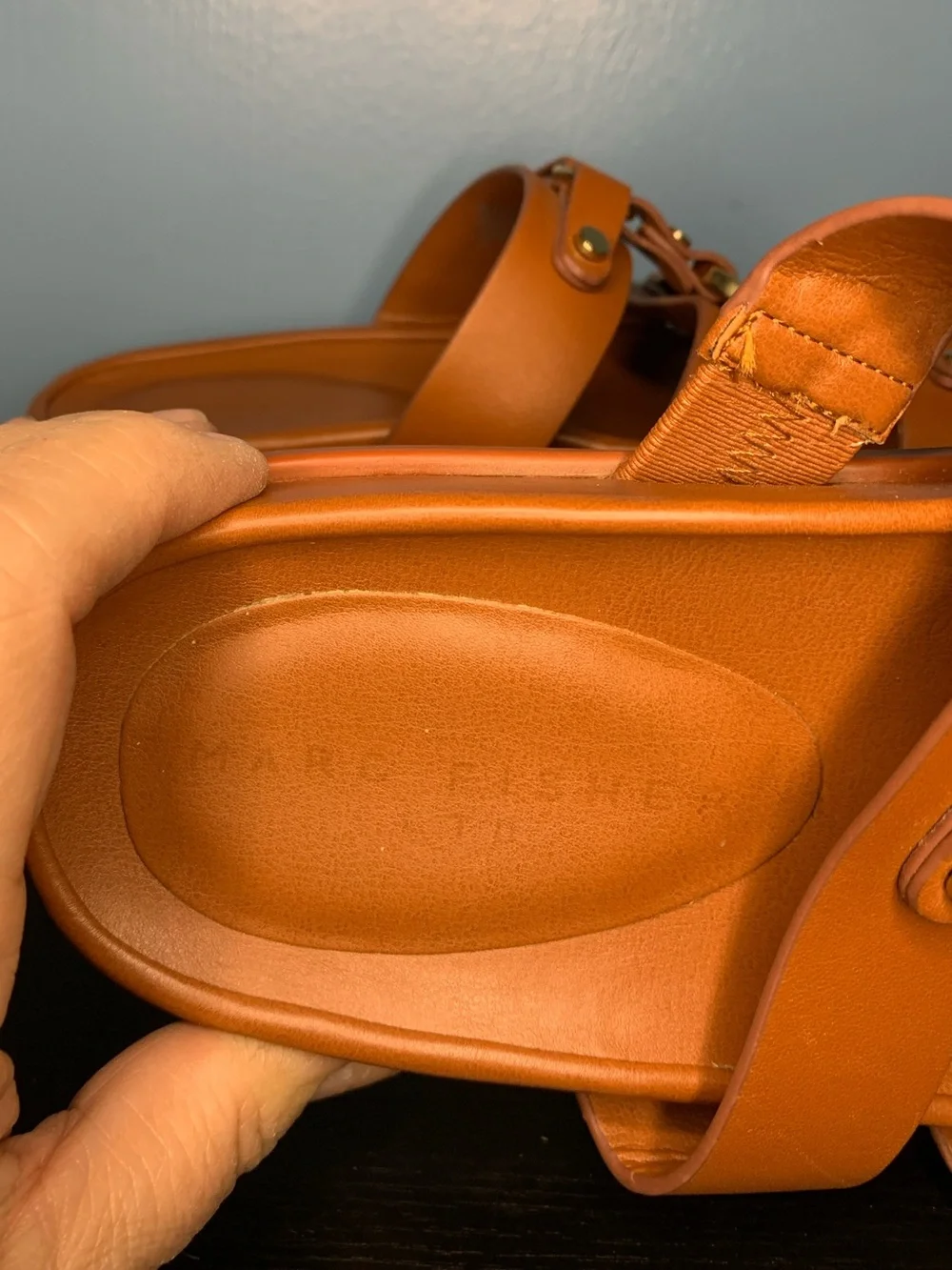 Marc Fisher Cognac Triple-Strap Slide Sandals with Gold Rings